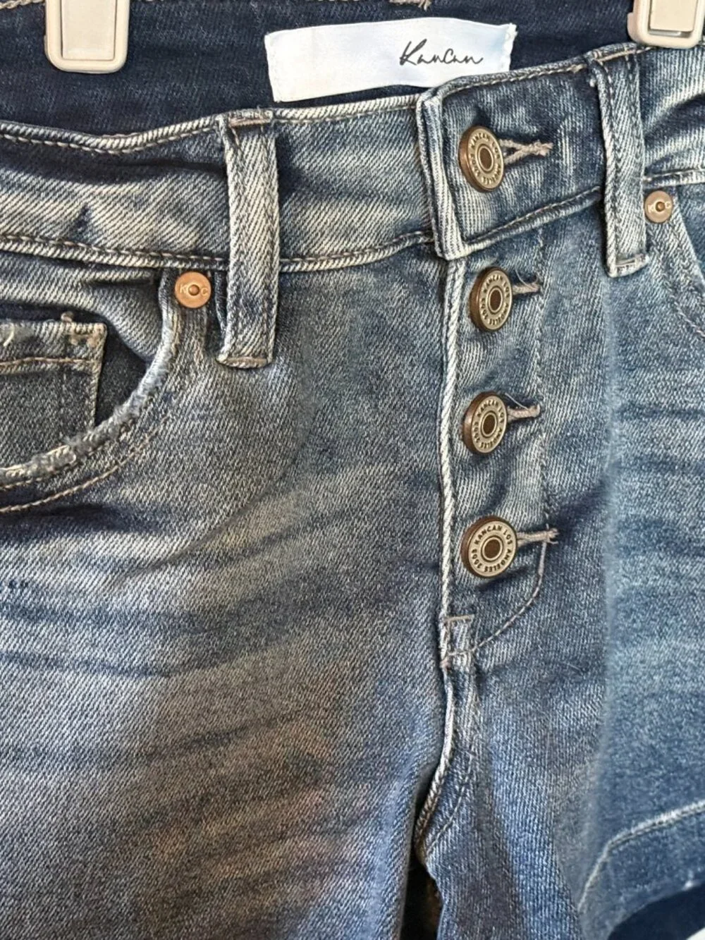 KanCan Women's Small blue distressed button up jean shorts